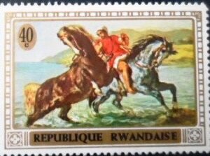Selo postal da Ruanda de 1970 The horse in the Painting Art N