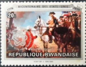Selo postal da Ruanda de 1976 Surrender at Yorktown overprinted N A