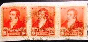 Tira de selos postais da Argentina de 1892 Bernardino Rivadavia 5 U frag