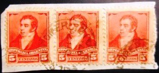 Tira de selos postais da Argentina de 1892 Bernardino Rivadavia 5 U frag