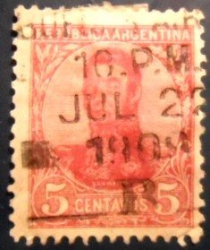Selo postal da Argentina de 1908 General San Martín 5 U sev
