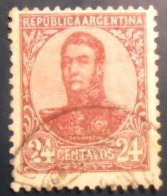 Selo postal da Argentina de 1909 General San Martín 24 U A
