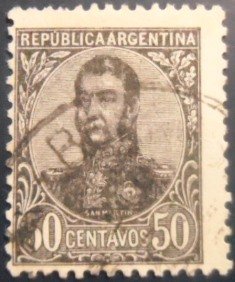 Selo postal da Argentina de 1909 General San Martín 50 U A