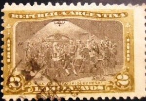 Selo postal da Argentina de 1910 Meeting in the House of Rodriguez Peña U