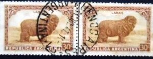 Par de selos postais da Argentina de 1936 Merino Sheep U PR sev