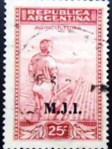 Selo postal da Argentina de 1937 Agriculture ovpt. M.J.I. U sev