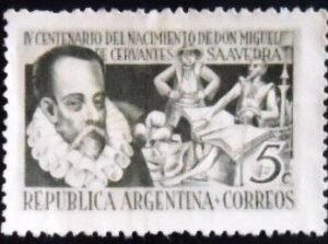 Selo postal da Argentina de 1947 M. de Cervantes Saavedra 5 N