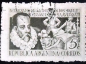 Selo postal da Argentina de 1947 M. de Cervantes Saavedra 5 U