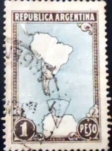 Selo postal da Argentina de 1937 South America Map Without Borderlines 1 U sev