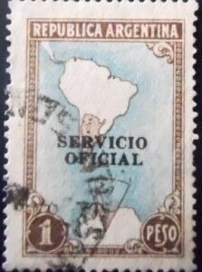 Selo postal da Argentina de 1956 South America Map with Antartict ovpt. 1 U D