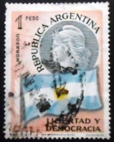 Selo postal da Argentina de 1958 Liberty and flag 1 U