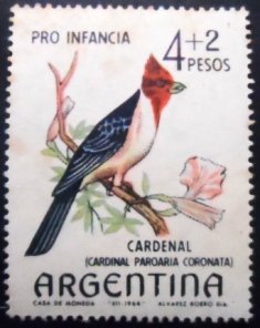 Selo postal da Argentina de 1964 Red-crested Cardinal U