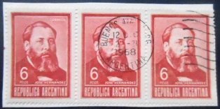 Tira com três selos postais da Argentina de 1967 José Hernández 6 U FRG