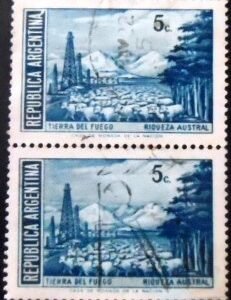Par de selos postais da Argentina de 1971 Tierra del Fuego 5 U PR sev