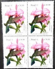 Quadra de selos postais do Brasil de 1991 Colibri e Catleya M QD