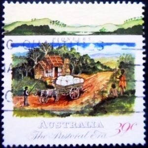 Selo postal da Austrália de 1989 Pioneer Cottage and Wool Dray U