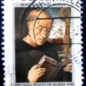 Selo postal da Bélgica de 1980 St. Benedict of Nursia by Hans Memlin U