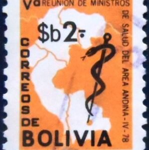 Selo postal da Bolívia de 1978 Map and Rod of Asclepius 2 U