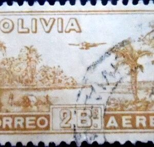 Selo postal da Bolívia de 1938 Airplane over River 2 U