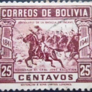 Selo postal da Bolívia de 1943 Gen. Ballivian leading cavalry charge 25 U