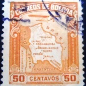 Selo postal da Bolívia de 1935 Map of Bolivia 50 U CA
