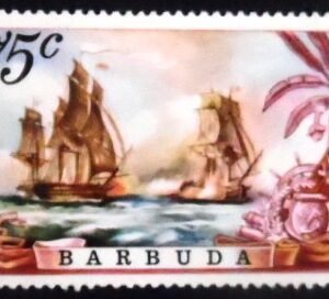 Selo postal da Barbuda de 1975 Battle of the Saints