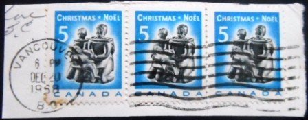 Fragmento com selo postal do Canadá de 1968 Eskimo Family U FRG