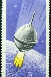 Selo postal da Hungria de 1966 Luna 9 closing in on the moon