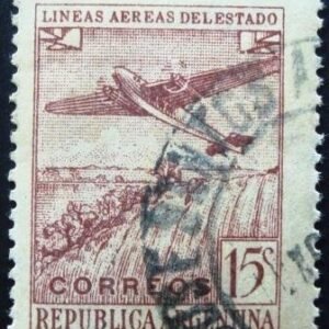 Selo postal da Argentina de 1948 Plane over Iguacu Falls