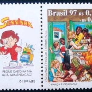 Selo do Brasil de 1997 Convivência Familiar com vinheta Senninha Boa Alimentação