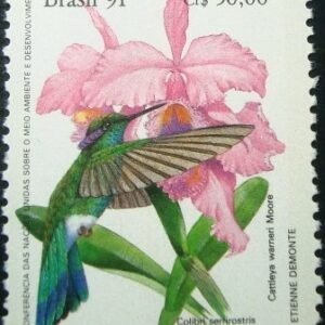 Selo postal do Brasil de 1991 Colibri e Catleya