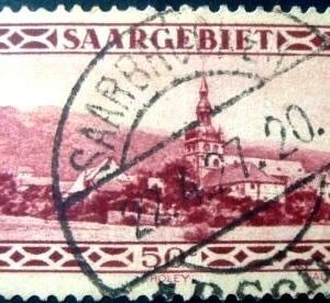 Selo postal da Alemanha Sarre de 1927 Village and Abbey Tholey