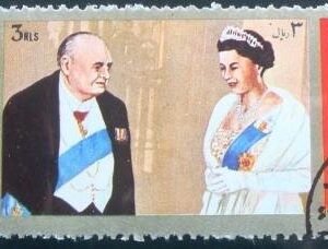 Selo postal do Sharjah de 1972 Queen Elizabeth II and Winston Spencer Churchill