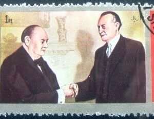 Selo postal do Sharjah de 1972 Konrad Adenauer and Winston Spencer Churchill