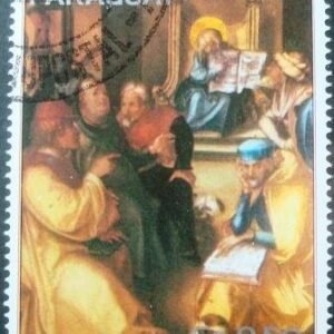 Selo postal do Paraguai de 1982 Christ in the Temple