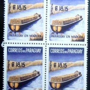 Quadra de selos postais do Paraguai de 1961 Logs on river barge