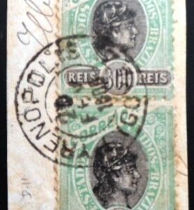 Par de selos postais do Brasil de 1894 Alegoria da República 300 JP