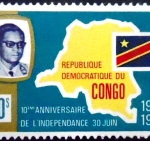 Selo postal da Rep. Democrática do Congo de 1970 Mobutu mapa e bandeira M