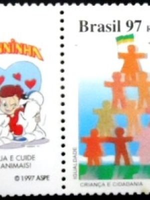 Selo postal do Brasil de 1997 Igualdade com vinheta Senninha Proteja os Animais