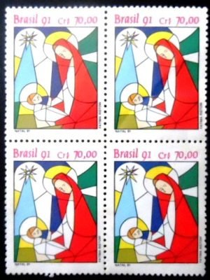 Quadra de selos postais do Brasil de 1991 Jesus e Nossa Senhora N QD