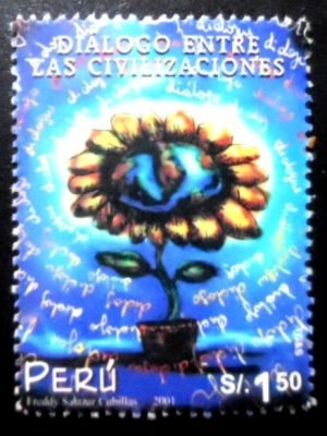 Selo postal do Peru de 2002 Sunflower with globe U