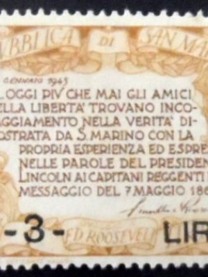 Selo postal de San Marino de 1947  Roosevelt overprint N