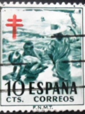 Selo postal da Espanha de 1951 Children playing on Beach U