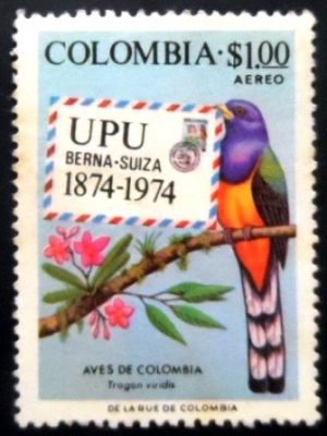 Selo postal da Colômbia de 1974 Green-backed Trogon N