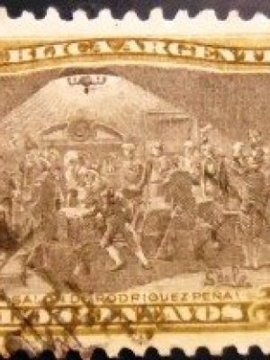 Selo postal da Argentina de 1910 Meeting in the House of Rodriguez Peña U