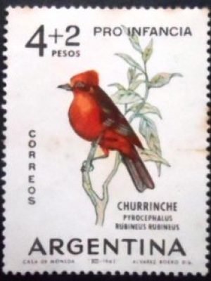 Selo postal da Argentina de 1963 Vermilion Flycatcher U