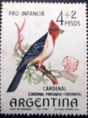 Selo postal da Argentina de 1964 Red-crested Cardinal U