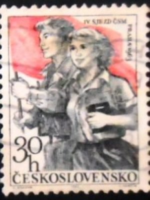 Selo postal da Tchecoslováquia de 1963 Boy and Girl with flag U