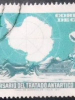 Selo postal do Chile de 1982 Map of Antarctica and Dog Sled surcharged U