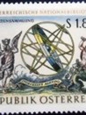 Selo postal da Áustria de 1966 Celestial sphere with the God Chronos & Heracles N